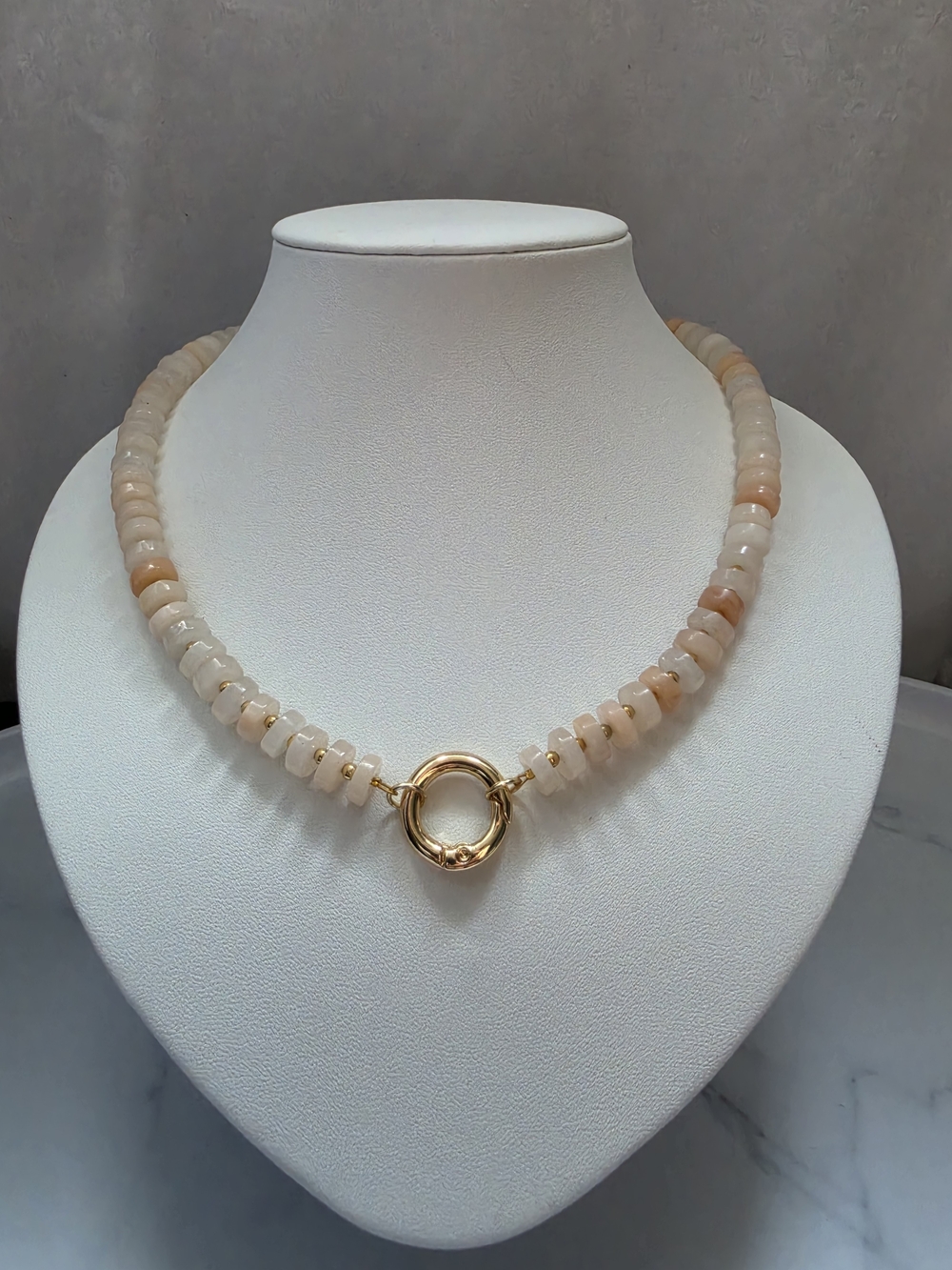 Peach Bead Necklace with Gold Ring Clasp